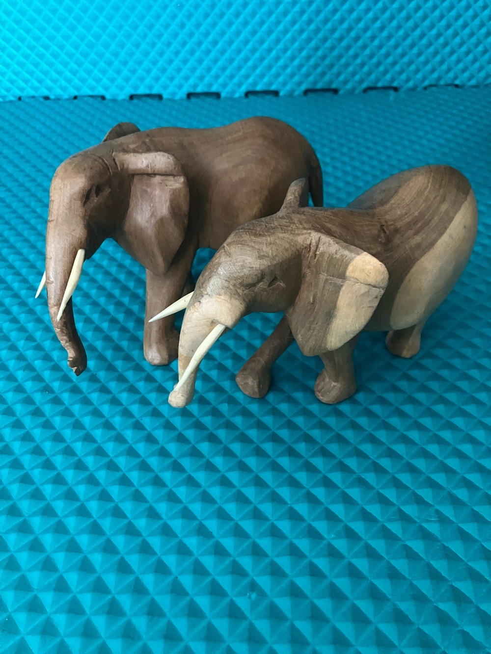 Set of Two / Vintage hand-carved wooden elephant figurines